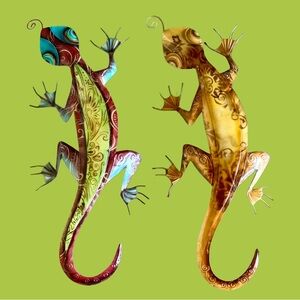 Metal Ghecko Wall Decor 2 piece Lizard Garden Art Sculpture Statue Hanging